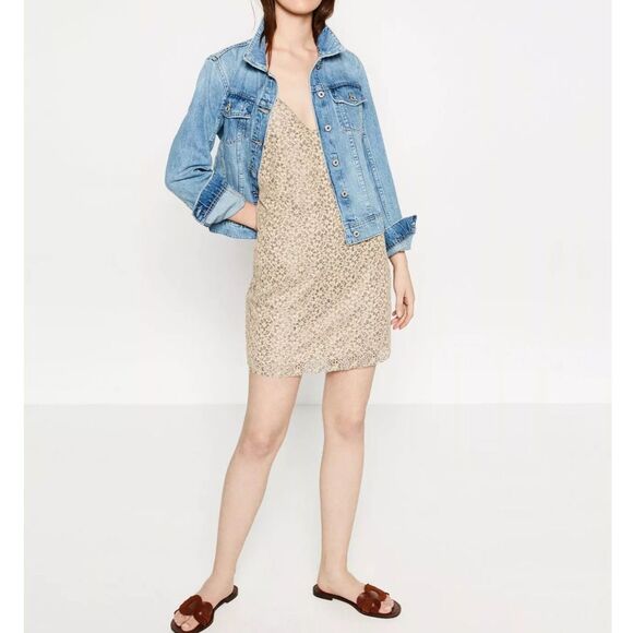 ZARA Women Tan & Gray Low Back Lace A Line Mini Dress Size Small Floral - Picture 2 of 7